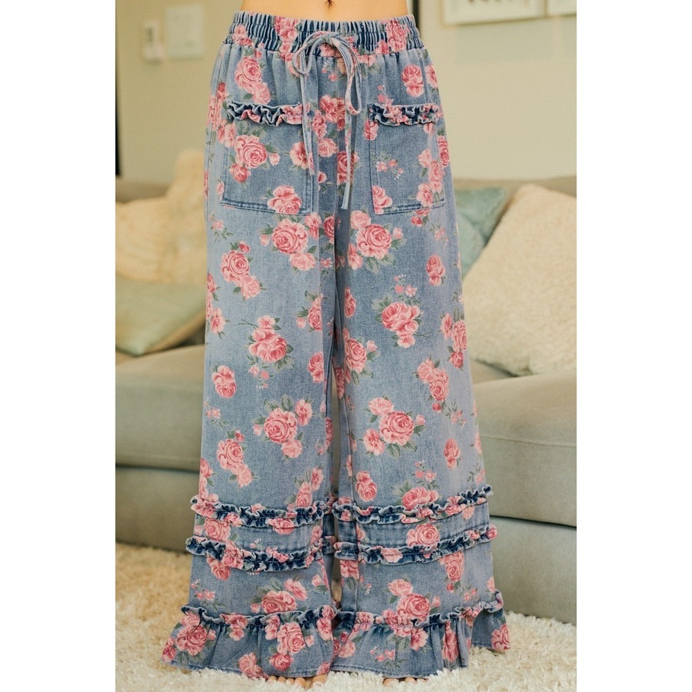 BiBi Washed Floral Denim With Ruffle Elastic Wide Pants - Small - Picture 6 of 16